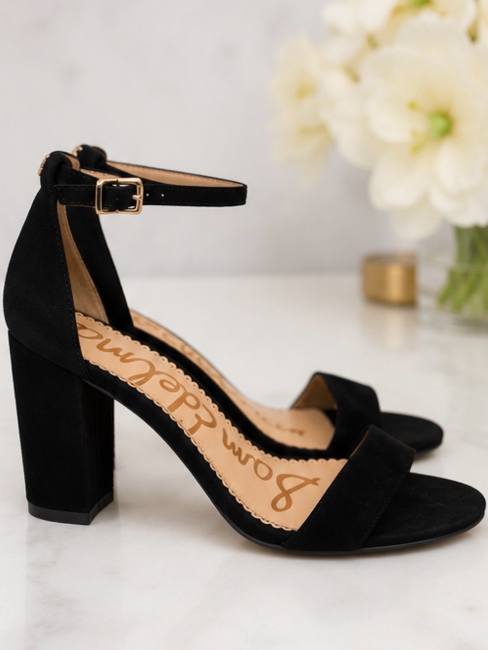 Sam Edelman Black Suede Ankle Strap Block Heel Sandals Size 7.5